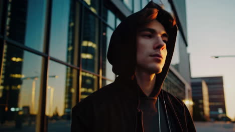 man walking in city at dusk