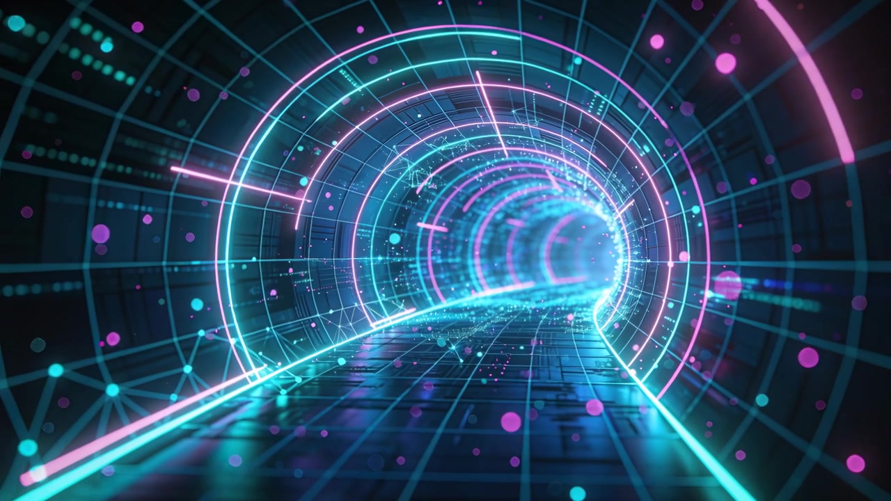 Telecamera scorrevole in movimento attraverso un tunnel di tubi al neon verso un bagliore che svanisce con particelle ad anello.