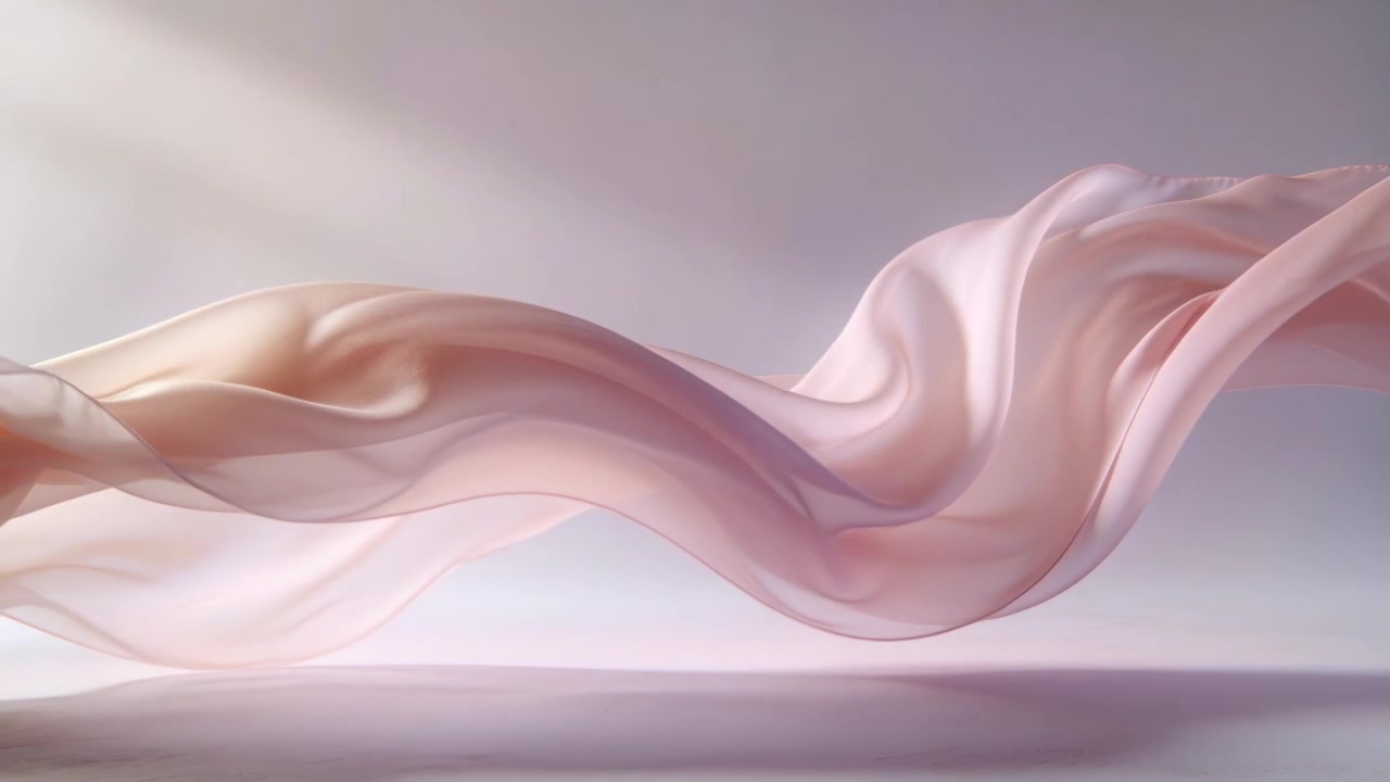 Drap de tissu rose transparent flottant, porté par le vent, dérivant sur la surface du studio sous une lumière douce.
