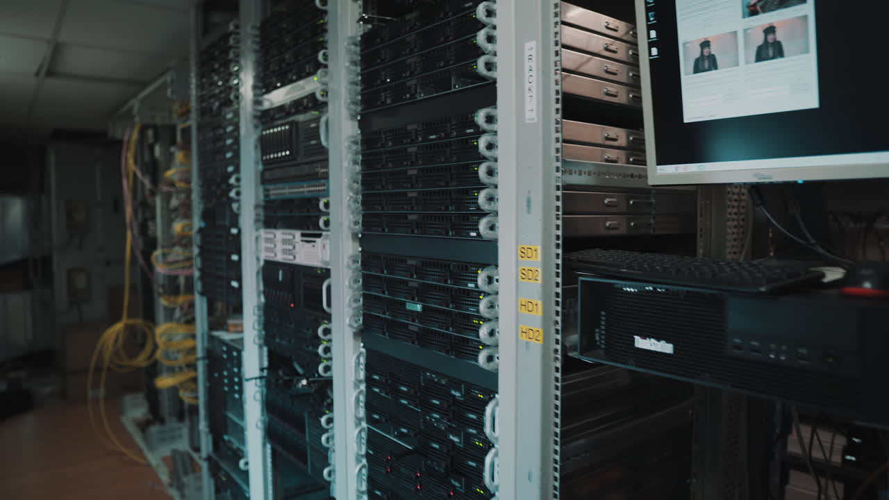 led parpadeantes de la pila del servidor con discos duros en un centro de datos