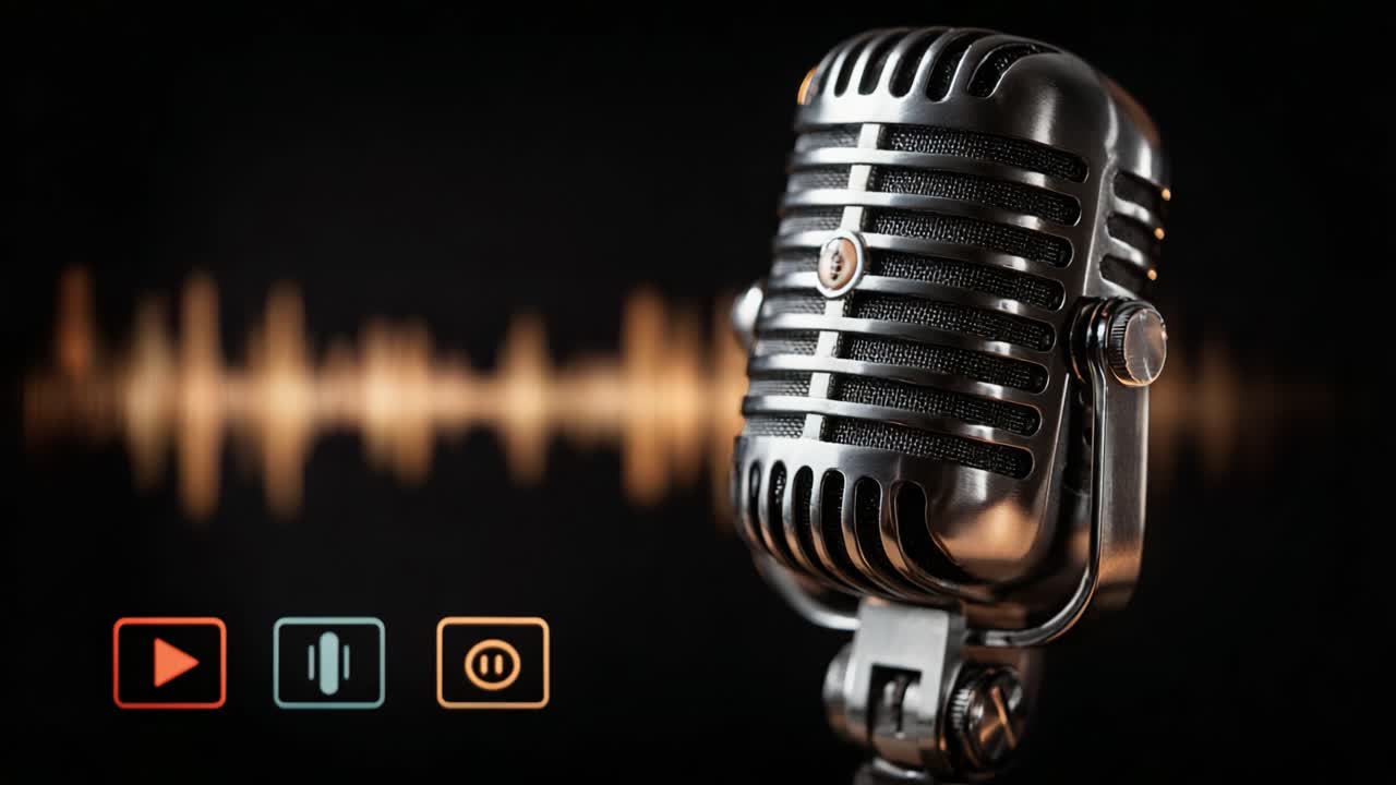 A Classic Microphone Captured in Stunning Detail, Featuring Sound Waves and Playback Controls, Perfectly Illustrating the Art of Audio Recording and Broadcasting
