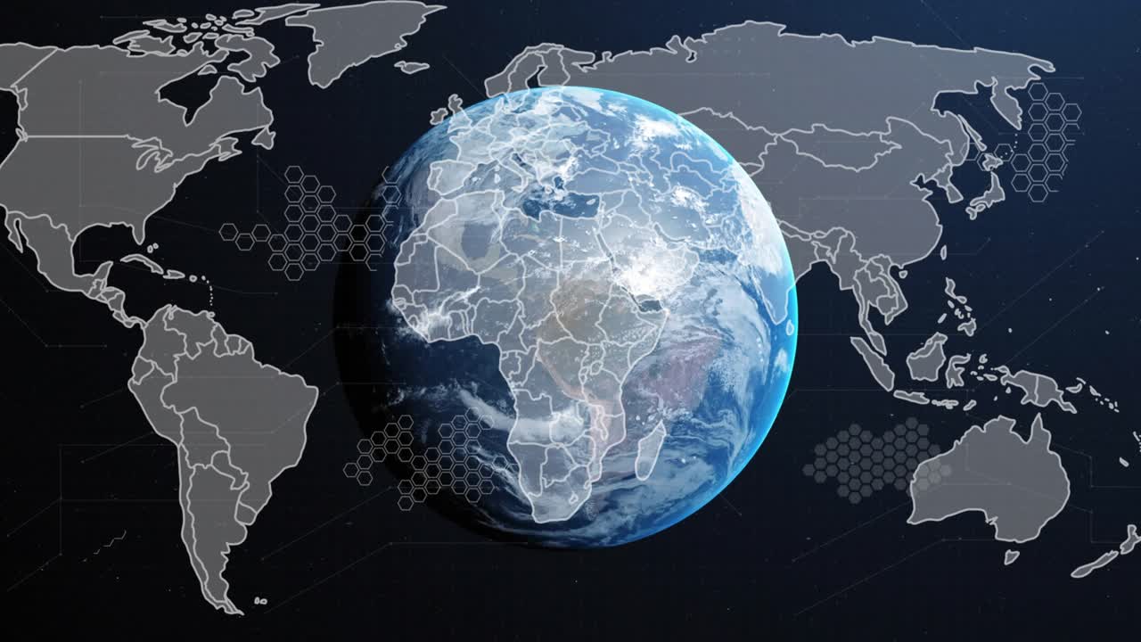 3D globe getting right lighting, rotating and facing viewer as tech hex overlays linking nodes