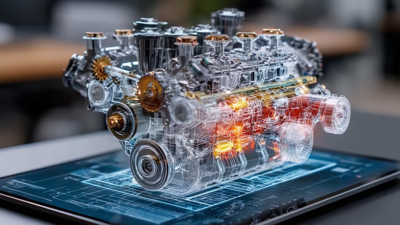 A Showcase of Advanced Engine Design: A Transparent 3D Render Demonstrating the Intricacies and Mechanisms of a Modern Internal Combustion Engine on a Digital Interface
