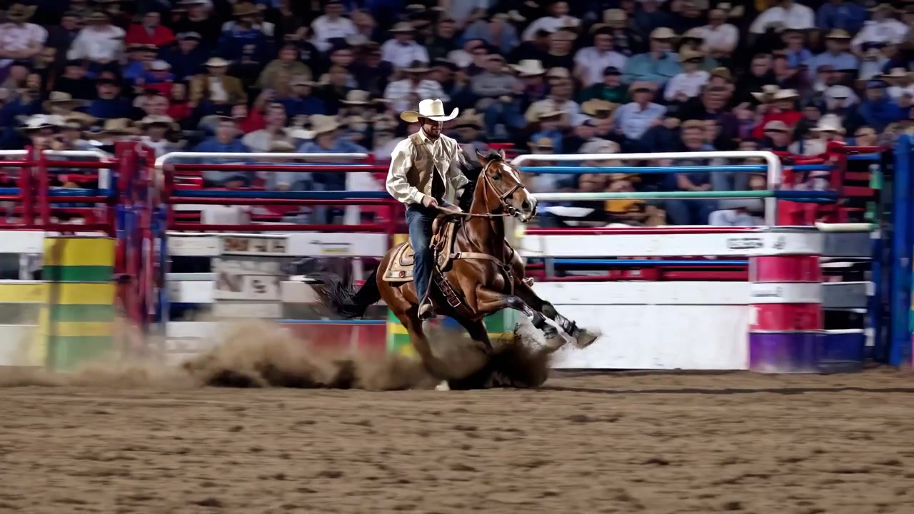 Barrel Race in Zeitlupe mit Cowboy und Pferd in einer Rodeo-Arena