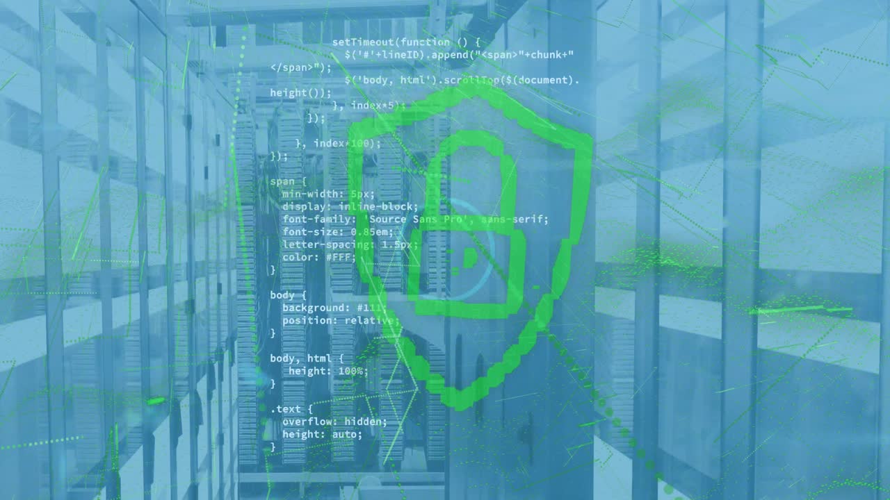 방패에 있는  ⁇ 락의 애니메이션, 데이터 서버 방의 막대기 위에 있는 컴퓨터 언어