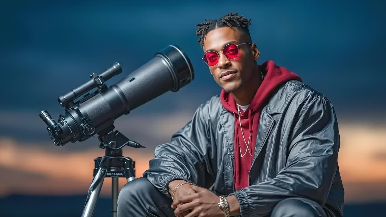 A man sitting on a tripod looking through a telescope