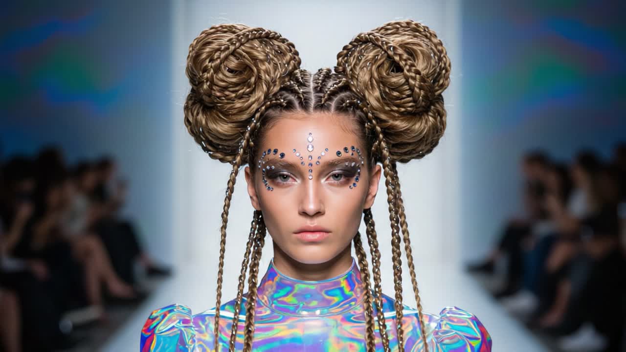 Striking Fashion Forward: A Model with Intricate Braids and Sparkling Face Art Showcases Futuristic Style on the Runway