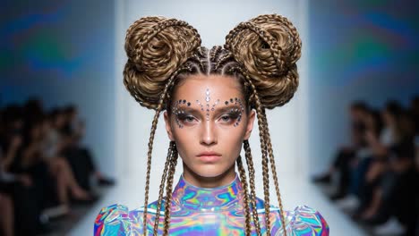 striking fashion forward: a model with intricate braids and sparkling face art showcases futuristic style on the runway