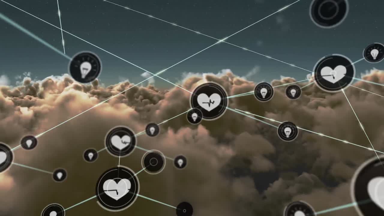 animación de la red de conexiones con iconos sobre el cielo con nubes