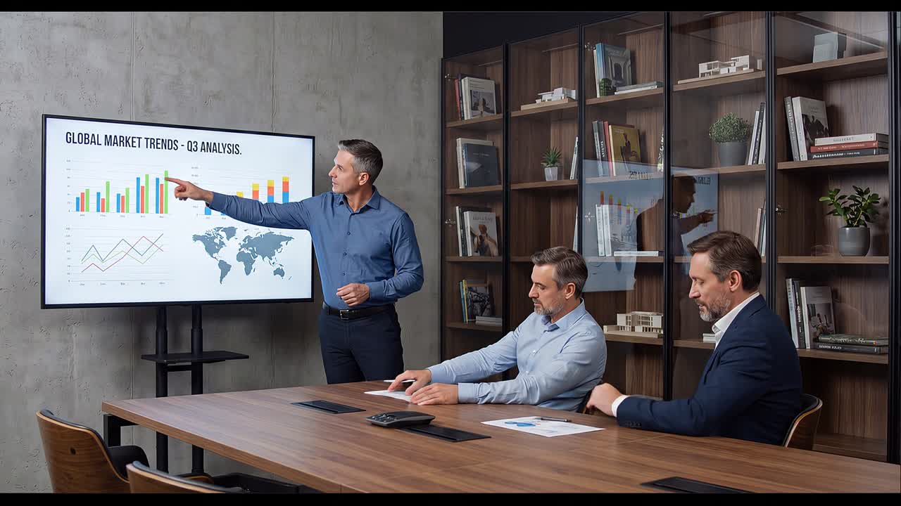 Manager presenting global market trends analysis on screen to team during corporate strategy meeting in modern office