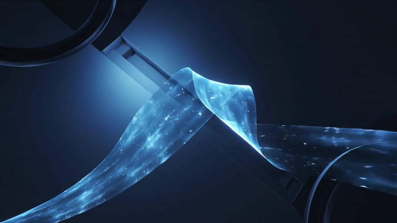 Streaming blue ribbon encountering gap between housings in dark chamber, moving into deep shaft