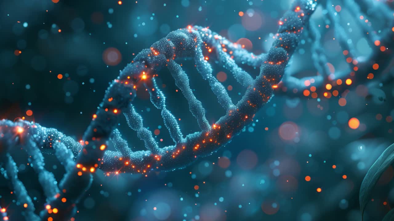 A glowing DNA helix, representing genetics and scientific research