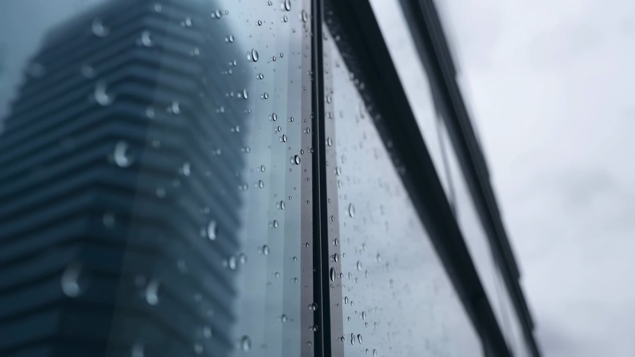 Close-up of rain droplets on a glass window with a blurred building facade on the left and bright overcast sky on the right. The main subject stays centered