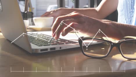 Animation-of-graph-over-midsection-of-caucasian-woman-drinking-coffee-and-using-laptop-at-cafes