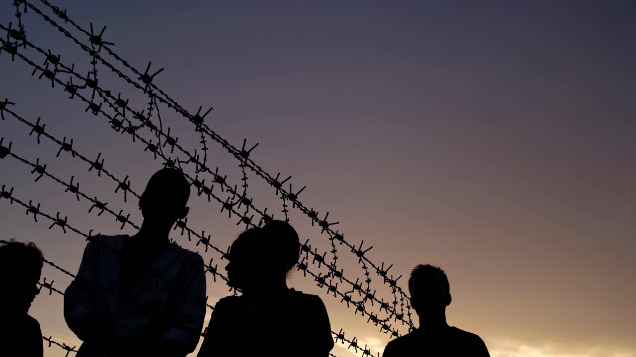 Silhouettes of people stand near barbed wire against a sunset sky