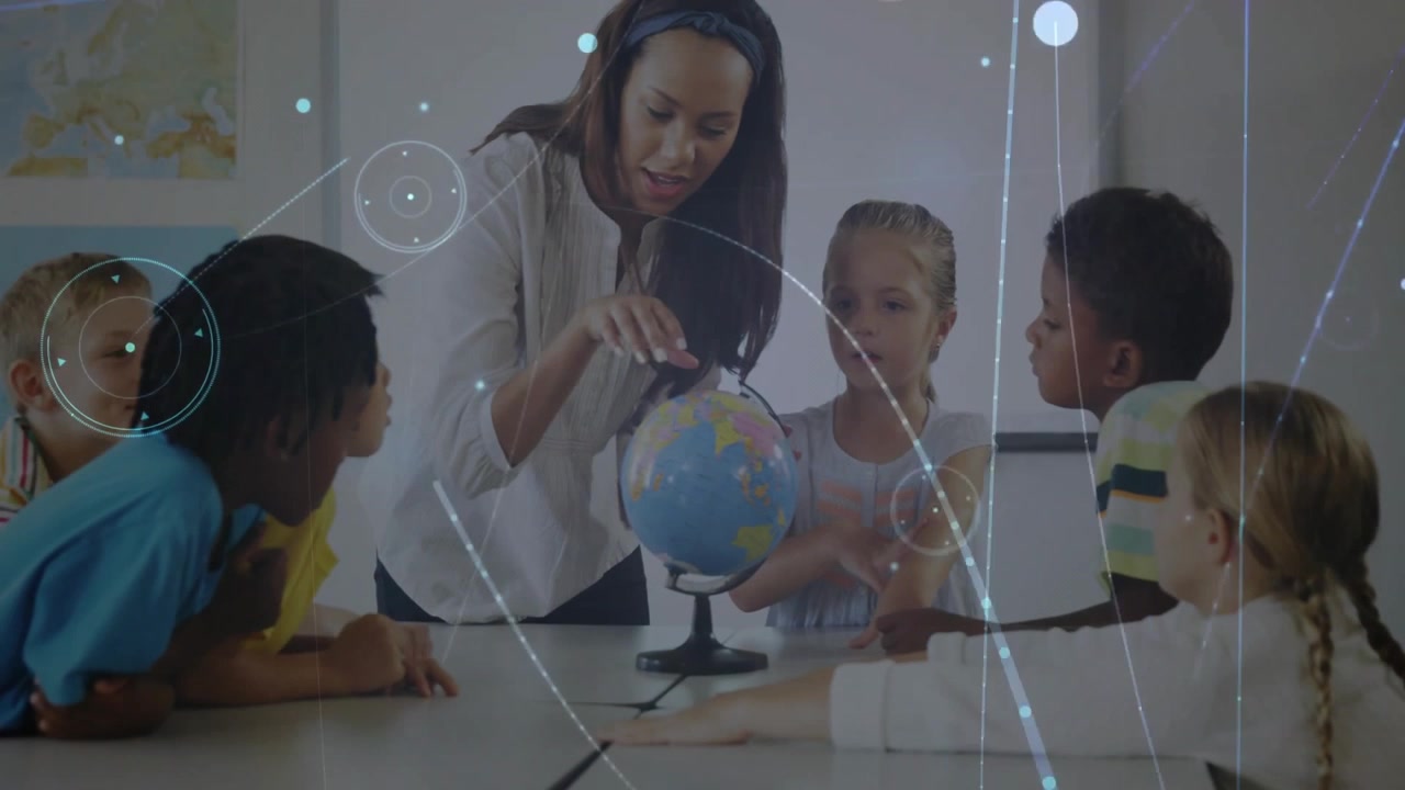 Teacher spinning globe in education, students watching as glowing network connects continents