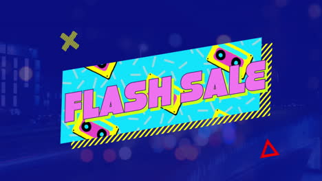 animation of colorful flash sale text banner against night city traffic