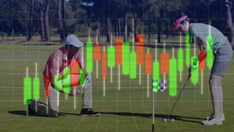 male golfer kneeling beside female golfer putting on green, showing finance chart overlay
