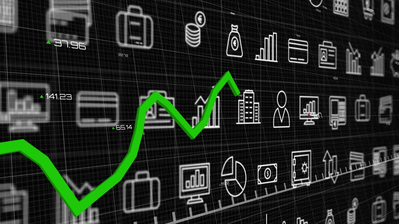 animación de la línea verde, procesamiento de datos digitales sobre íconos comerciales