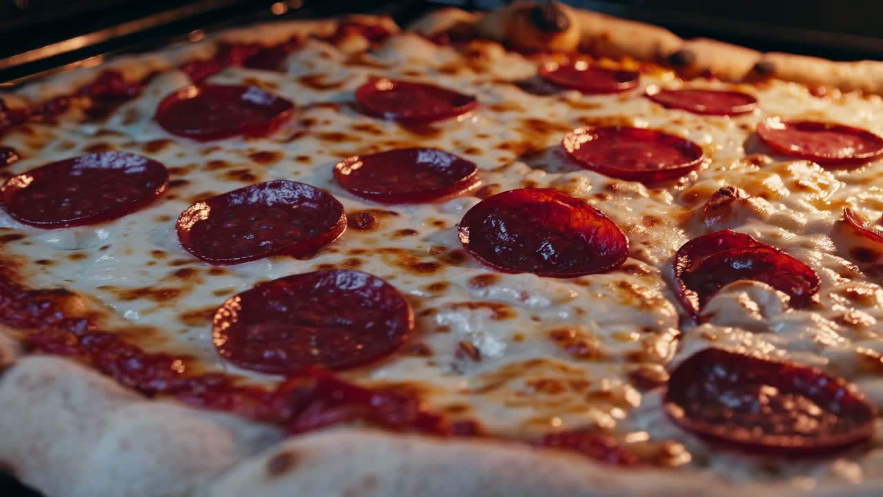 Close-up video shot of a pepperoni pizza baking in an oven, capturing the bubbling cheese and crispy