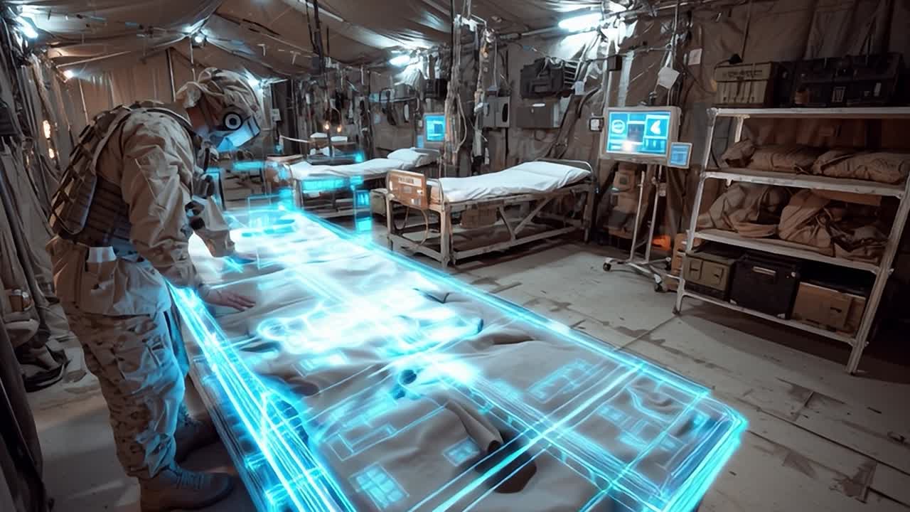 Military personnel using advanced technology in a field hospital setting