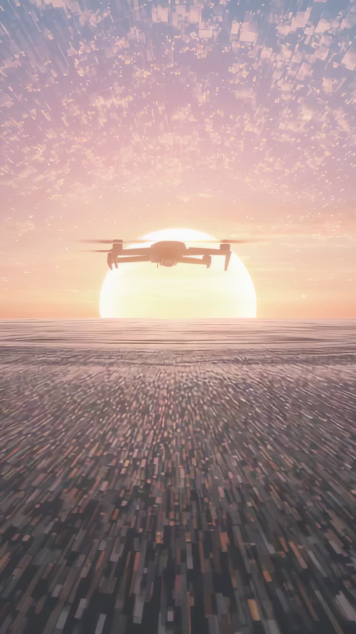 Video verticale: telecamera con carrello che invia un quadricottero verso il sole basso sopra una pianura umida che mostra il gimbal