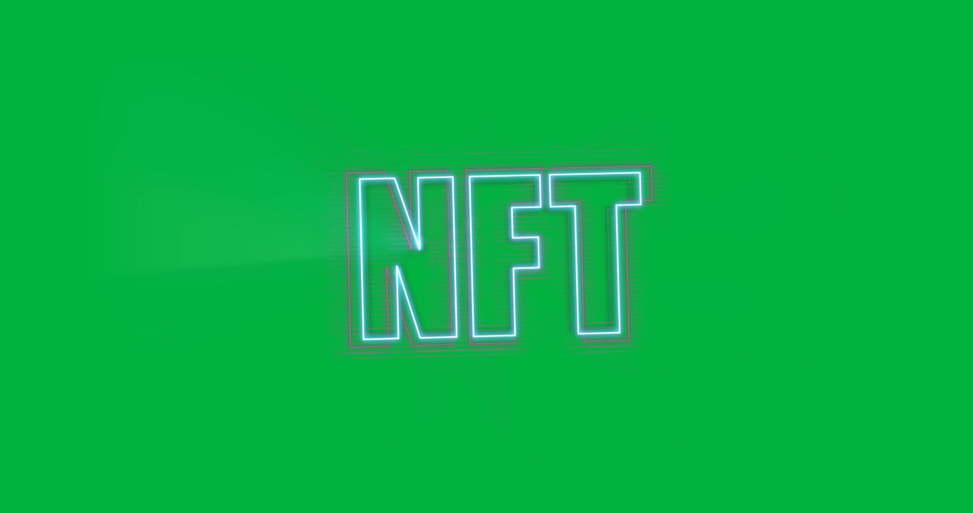 Animazione di testo NFT luminoso al neon blu e rosa su sfondo trasparente