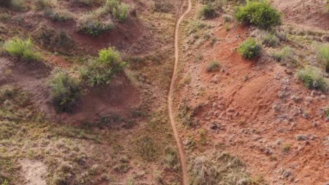 drone sobrevuela siguiendo a un ciclista de montaña en una sola pista durante un día soleado