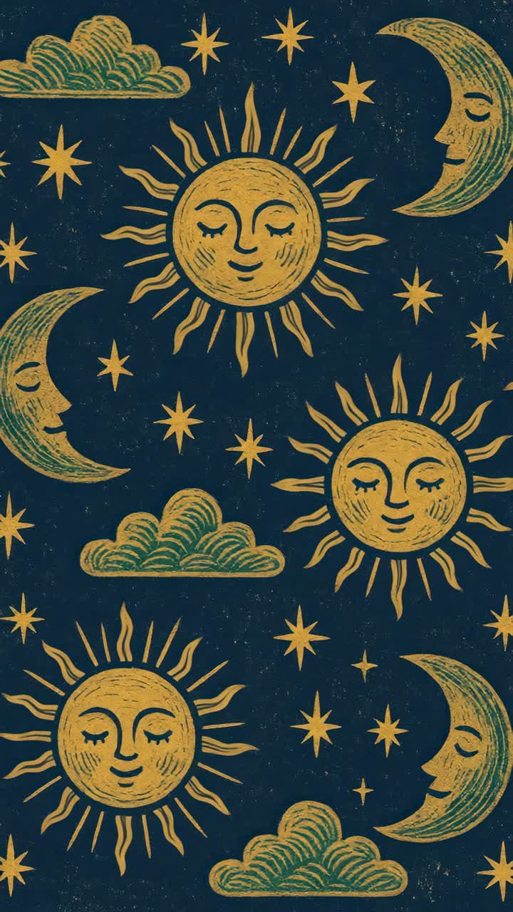 Vintage celestial pattern with suns, moons, and stars on a dark background