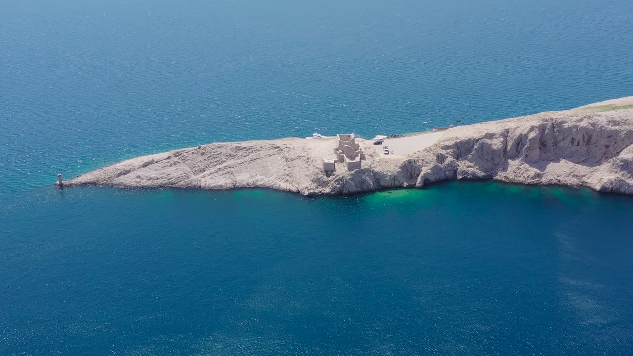 Ruine Fortica Pag Island Croatia at the end of a peninsula used to defend from pirates in the 17th century, Aerial dolly out shot