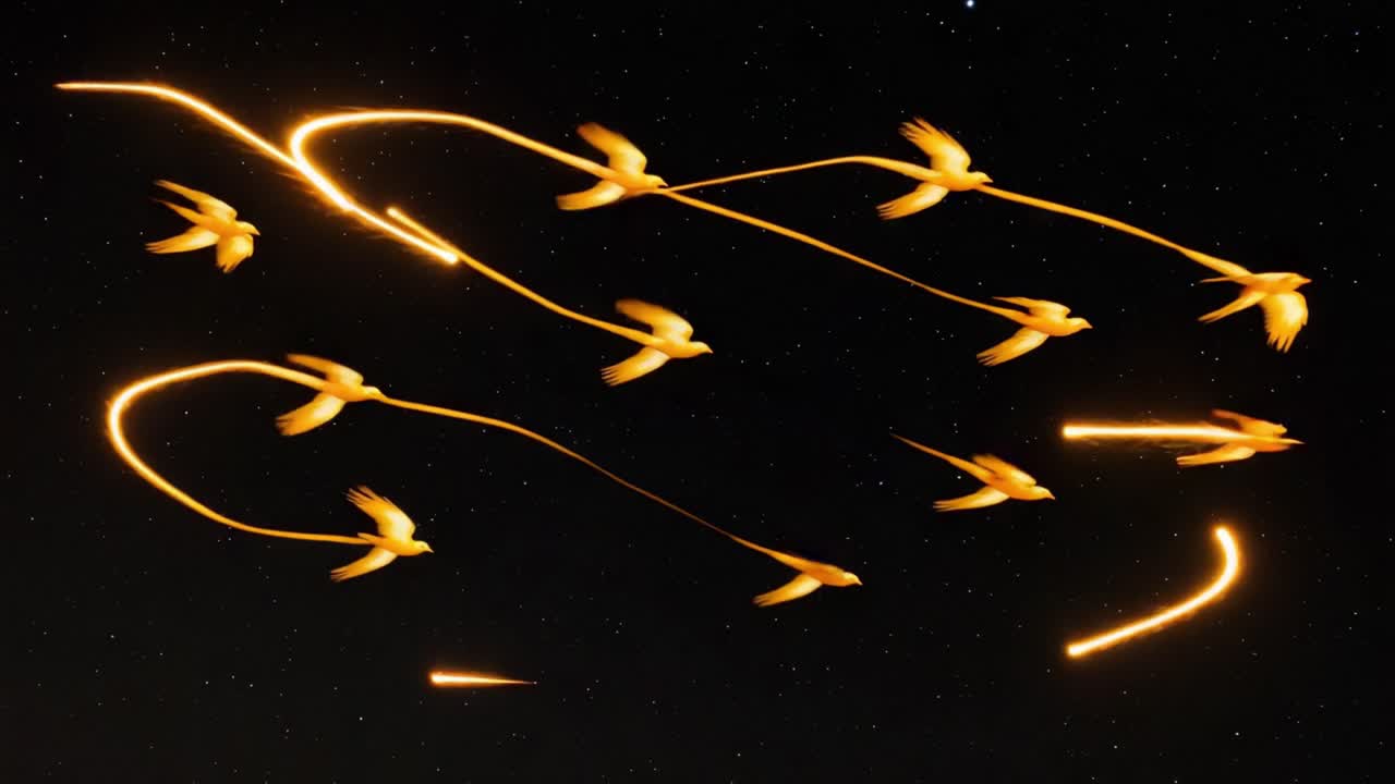A Captivating Display of Golden Birds in Motion Against a Starry Night Sky, Showcasing Graceful Flight Patterns and Dynamic Movement Through the Air