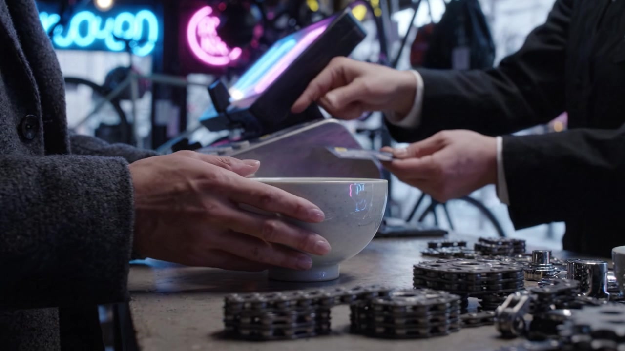 A close-up of a person's hand holding a bowl while interacting in a bike shop, surrounded by tools and vibrant neon lights reflecting urban life.