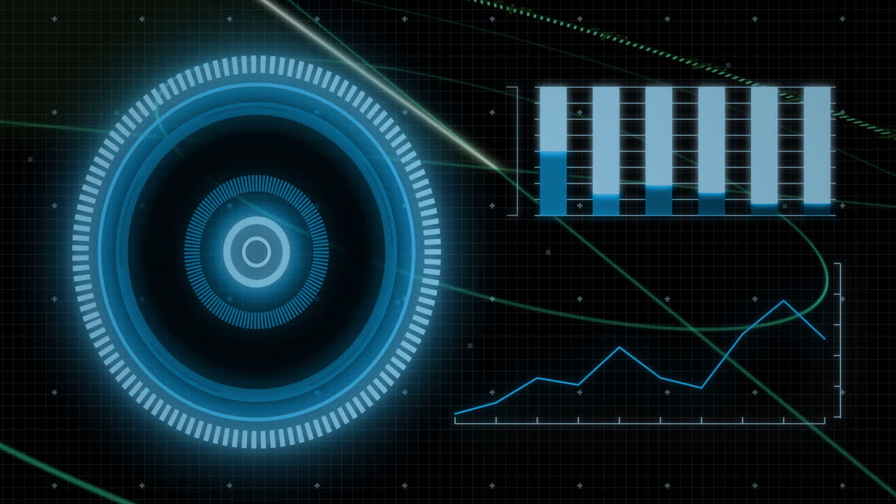 Animation of futuristic digital interface with circular design, bar chart, line graph