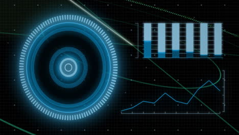 animation of futuristic digital interface with circular design, bar chart, line graph