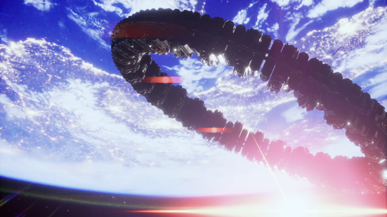 Futuristic space structure orbiting earth during a stunning sunset