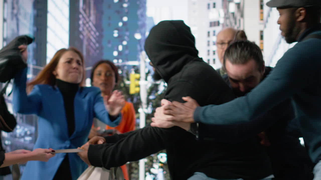 Urban crime incident showing robbery and stolen bag on the street