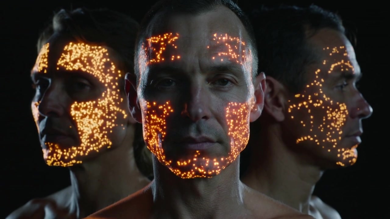 Point lights appearing, 3 shirtless men in studio, forming orange points on cheeks for art