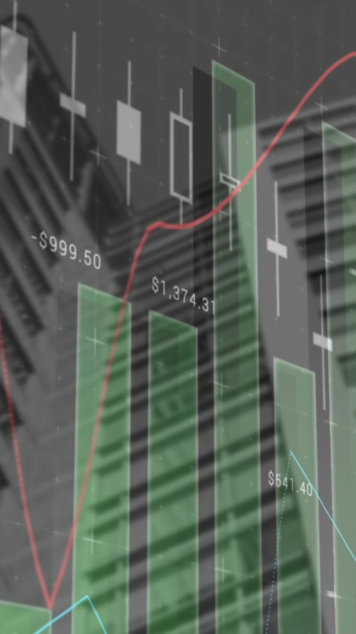 Animation of statistical data processing against low angle view of tall buildings