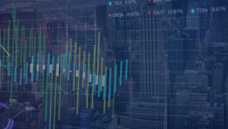 animación del procesamiento de datos estadísticos y bursátiles frente a una vista aérea del paisaje urbano
