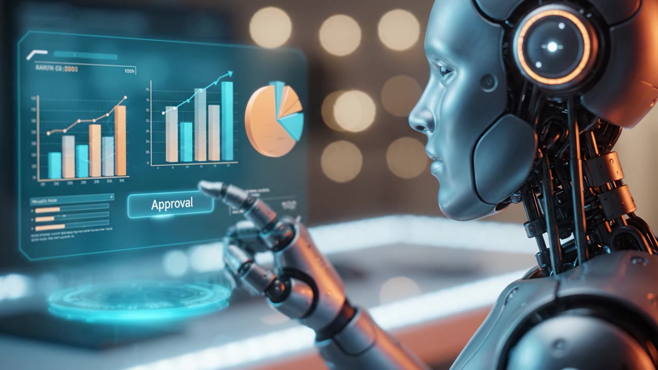 A humanoid robot interacts with futuristic data displays, showcasing progress and analysis with charts and approval metrics in a high-tech environment.