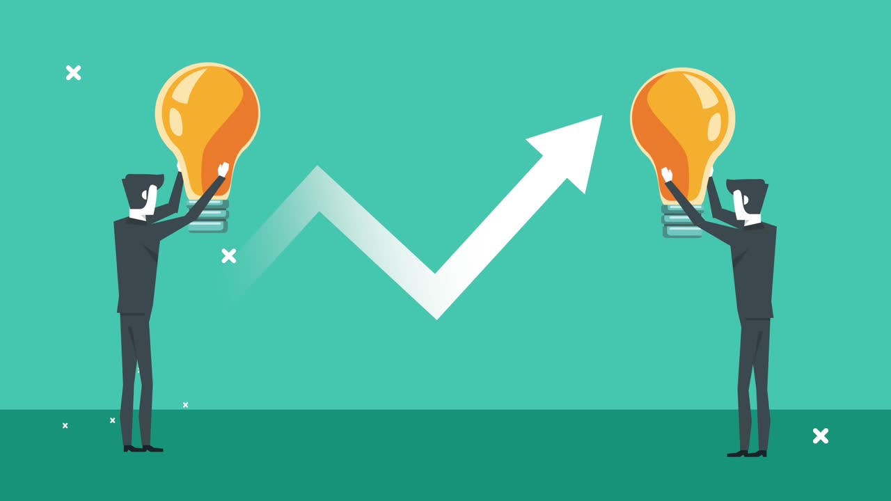 elegant businessmen workers lifting bulbs and arrows