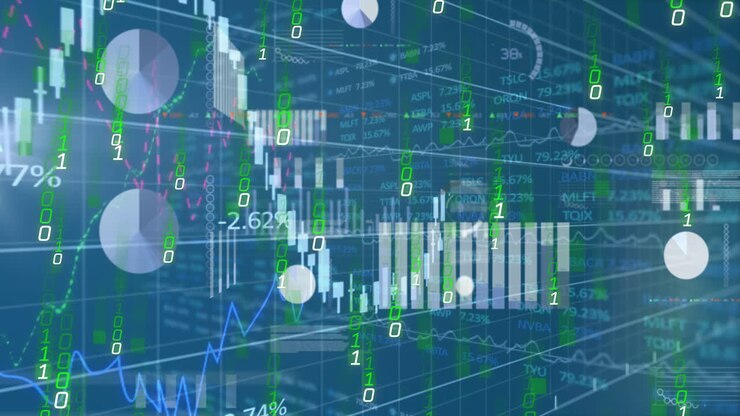 Animation of graphs, data and binary code on blue background