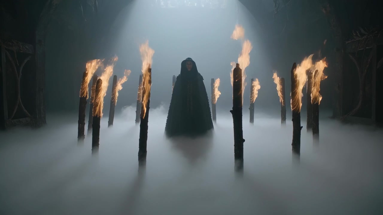Stående tilsløret figur stille i dæmpet hal, fakkelglimt skaber tåge og lysstråle skifter til ritual.
