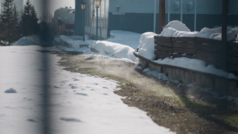 zoom in winter street covered in snow, melting patches revealing grass, evergreen branches framing scene, soft daylight casting gentle shadows on icy path thin steam wisps rising in crisp cold air