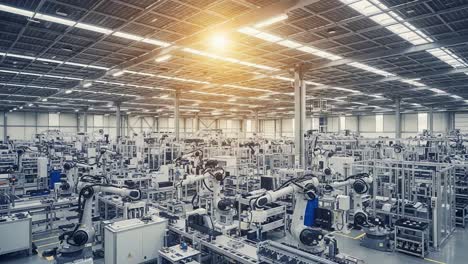 a vast manufacturing facility showcasing advanced robotics and automated machinery under bright industrial lighting