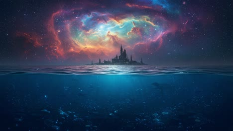 a stunning underwater realm showcasing a cosmic city above the waves, merging the depths of the ocean with a vibrant celestial sky full of colors and wonders