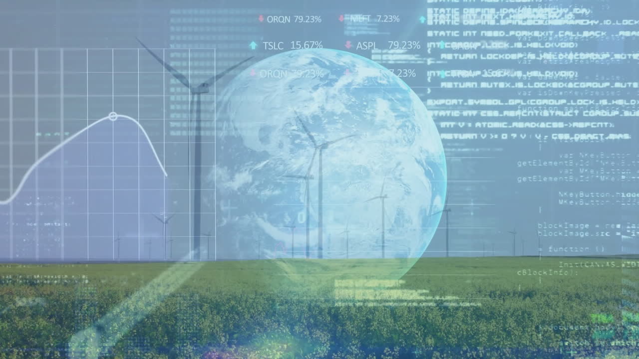 Animation of financial data processing over globe and wind turbines