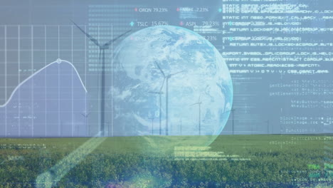 animation of financial data processing over globe and wind turbines