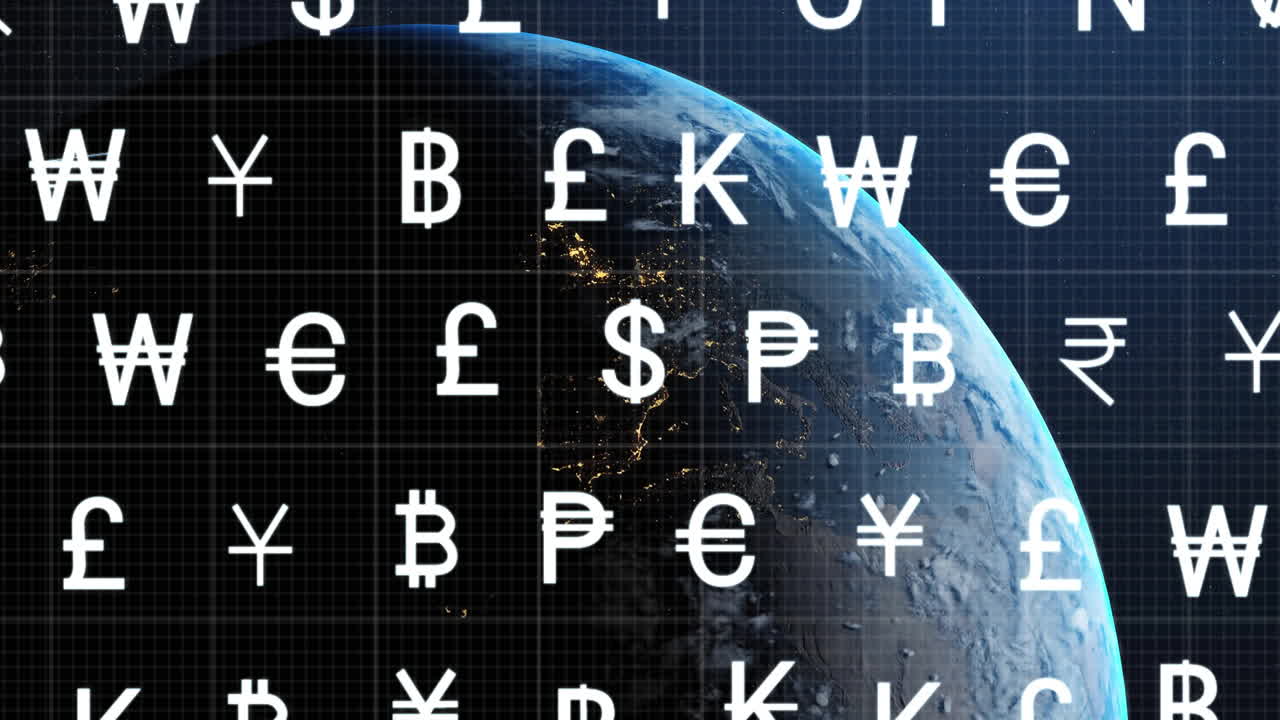 Animazione di simboli di valuta su un globo con sfondo nero.