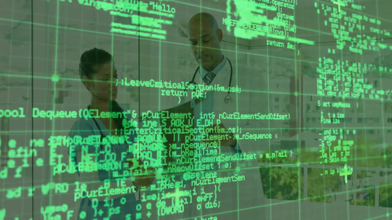 Discussing animation, two people behind green computer code overlay in office